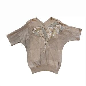 VTG patchwork sequin beaded beige 80s v neck checkered stitch sweater Germany 40